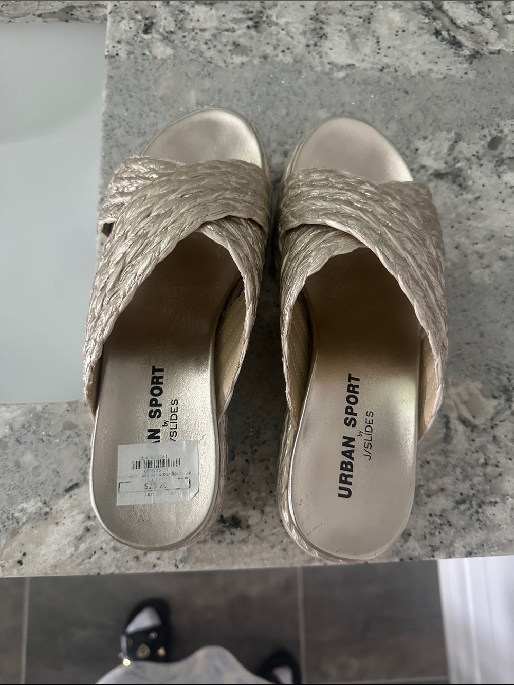 NEW J/SLIDES Metallic Braided Slide Sandals in Champagne Gold - Picture 2 of 5